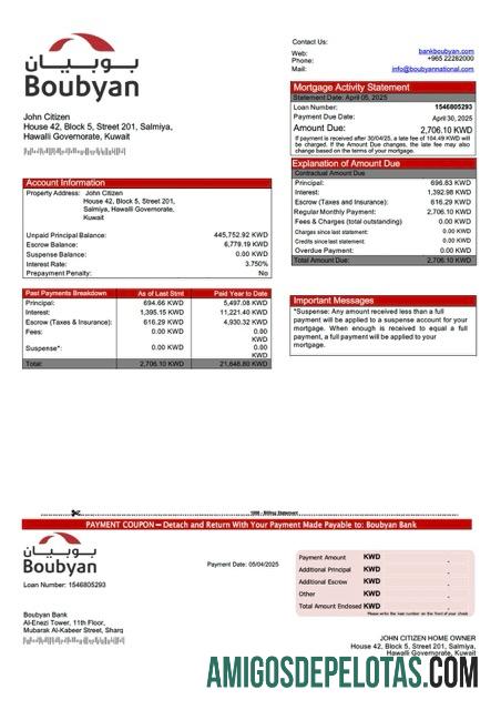 realista Modelo Word e PDF de declaração de hipoteca do Kuwait Boubyan Bank